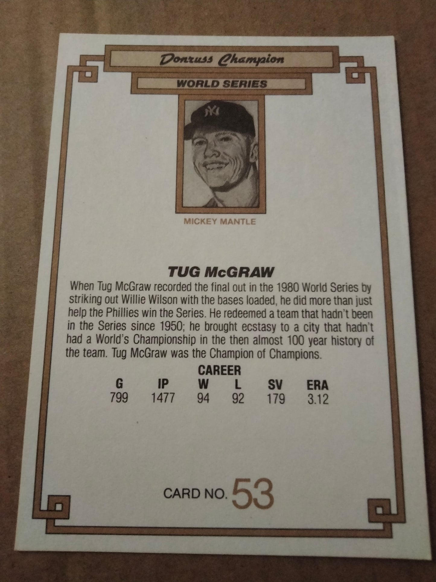 1984 Donruss Tug McGraw Champion 3.5" x 5" Enlarged Players Card #53 Phillies