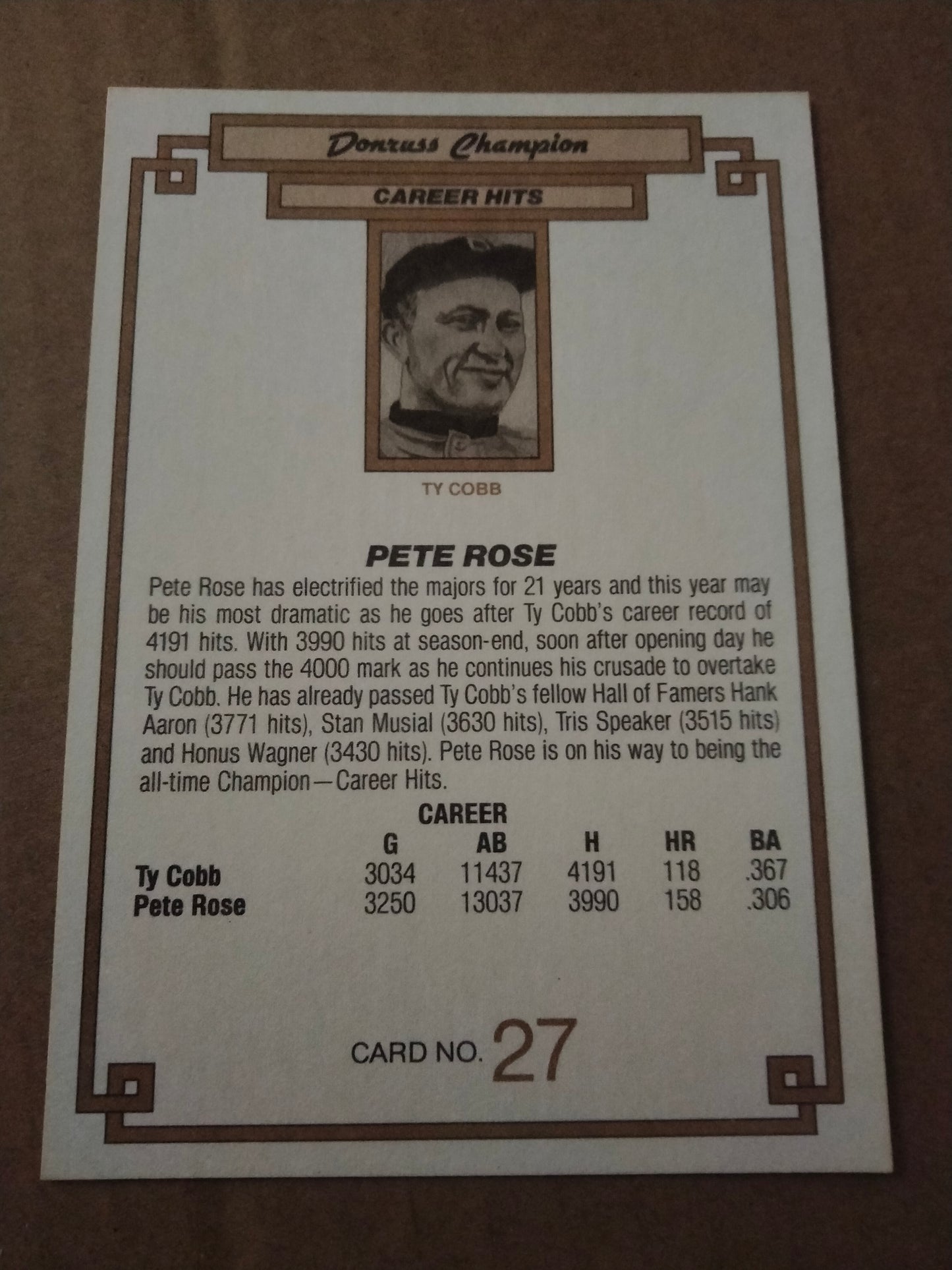 1984 Donruss Pete Rose Champion 3.5" x 5" Enlarged Players Card #27 Phillies