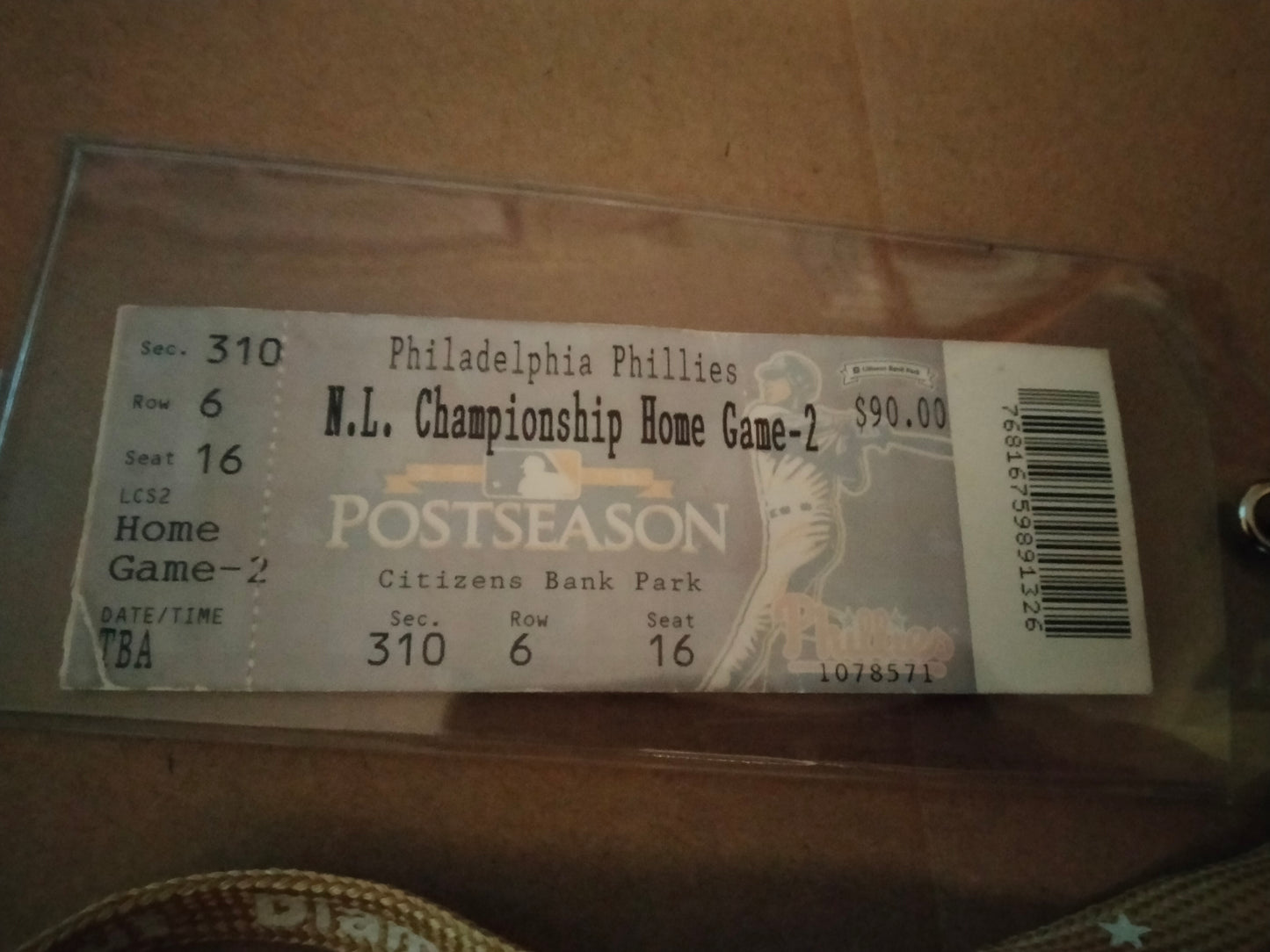 2010 Philadelphia Phillies N.L Championship Game-2 Playoff Ticket With Diamond Club Lanyard