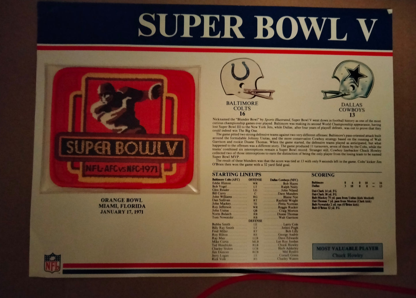 Super Bowl V (5) Colts vs Cowboys Willabee & Ward Official Super Bowl Patch