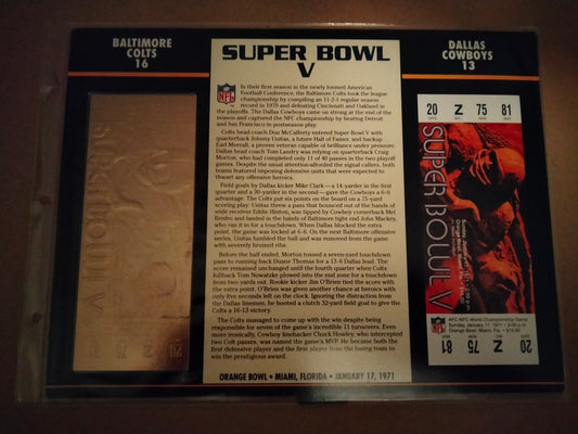 Willabee & Ward 1971 NFL Super Bowl V (5) 22KT Gold Ticket Colts vs. Cowboys Sealed