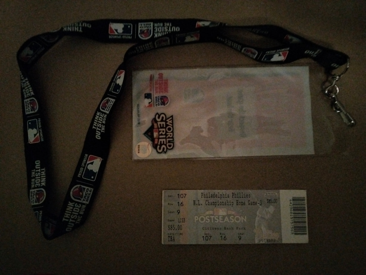 2009 Phillies N.L Championship Series Game - 3 Playoff Ticket & MLB Taco Bell Lanyards.