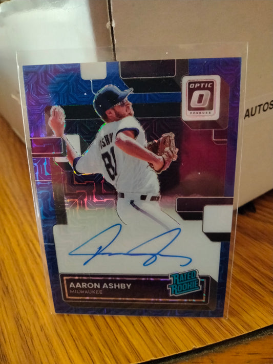 2022 Donruss OPTIC AARON ASHBY RC On Card Auto Rated Rookie Blue MOJO Prizm 89/99 Brewers