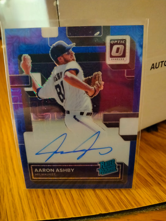 2022 Donruss OPTIC AARON ASHBY RC On Card Auto Rated Rookie Blue MOJO Prizm 39/99 Brewers