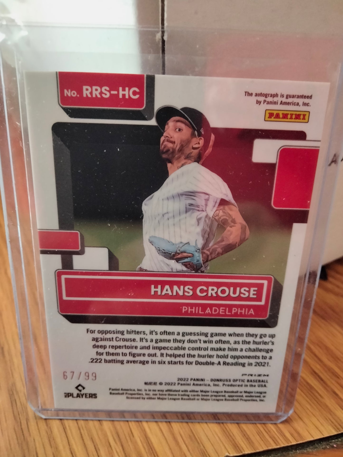 2022 DONRUSS OPTIC RATED ROOKIE SIGNATURE HANS CROUSE AUTO RED PRIZM MOJO #D67/99 RC Phillies