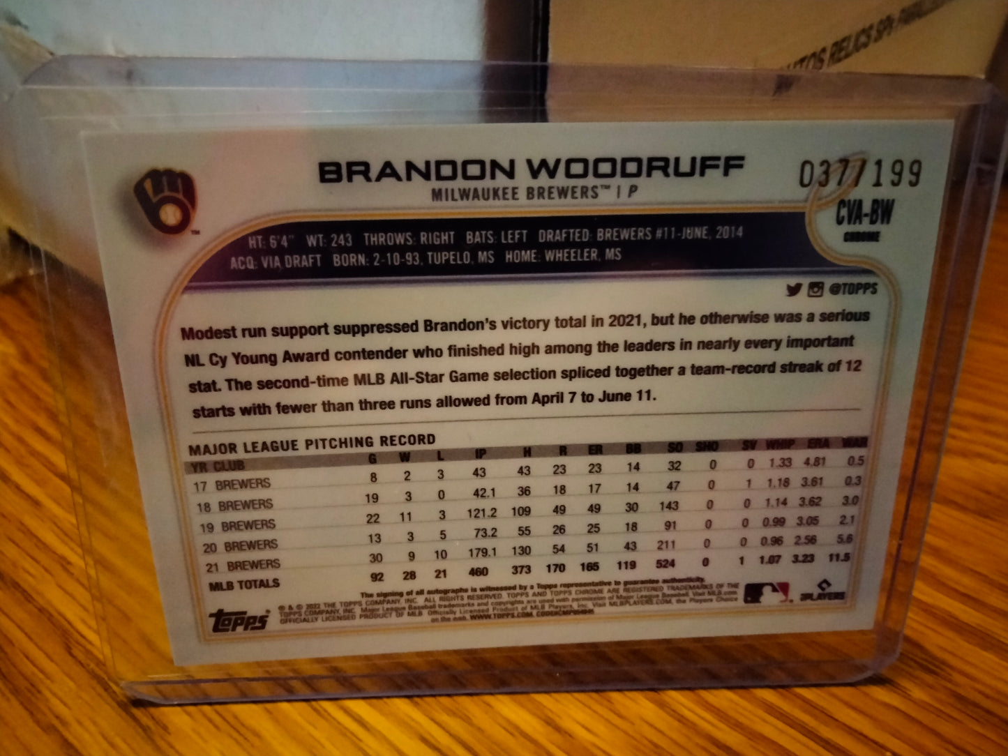 2022 Topps Chrome Aqua Wave Refractor Brandon Woodruff Brewers AUTO /199