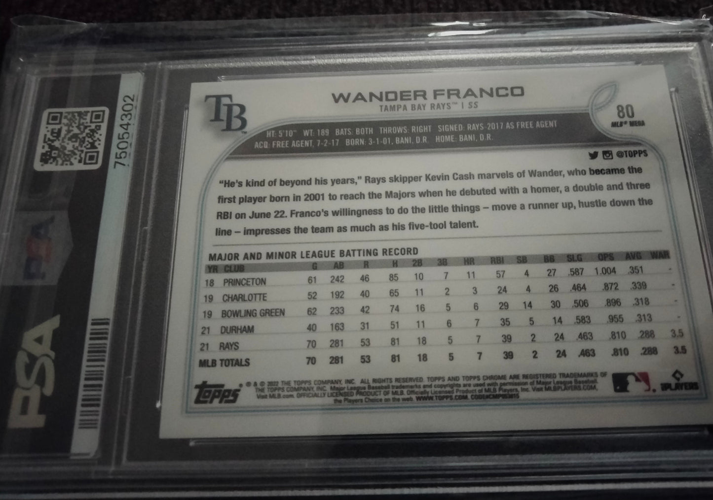 2022 Topps Chrome #35 Wander Franco RC Rookie Refractor PSA 9 Mint