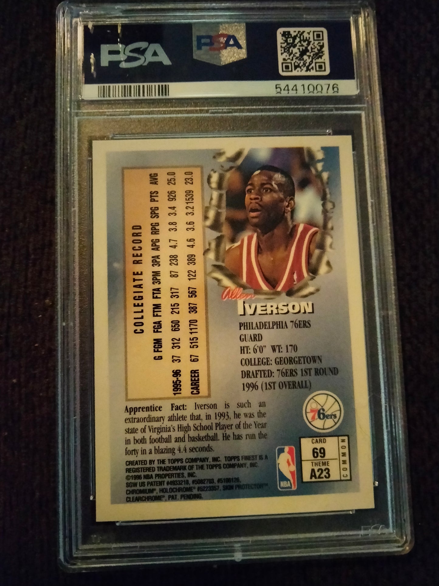 1996 Topps Finest Allen Iverson Rookie Apprentice W/Coating #69 PSA 9 76ers