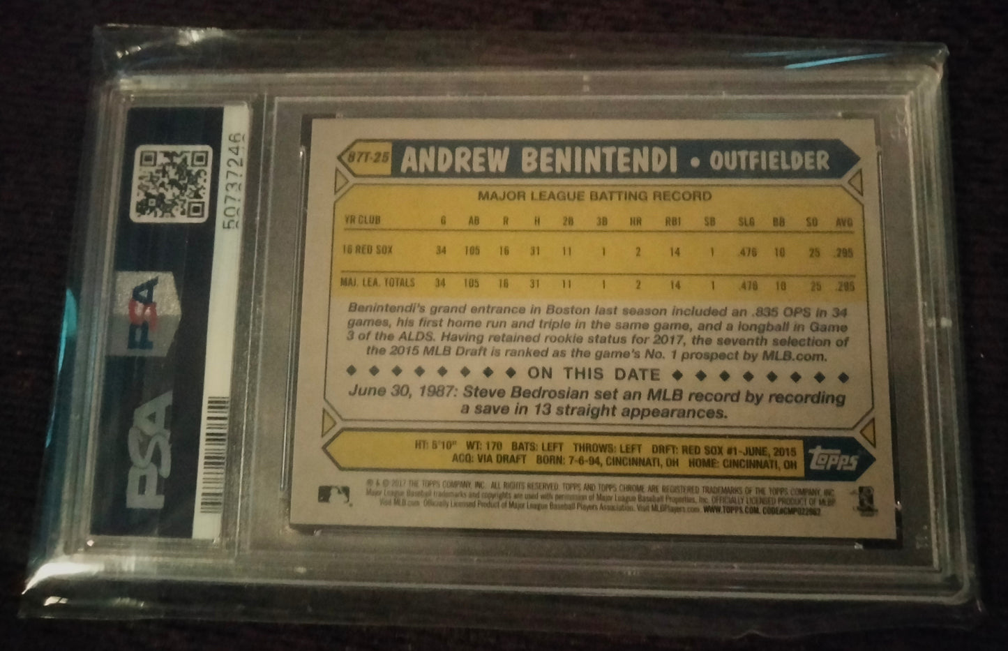 2017 Topps Chrome Andrew Benintendi 1987 Topps Red Sox #87T25 PSA 9 MINT