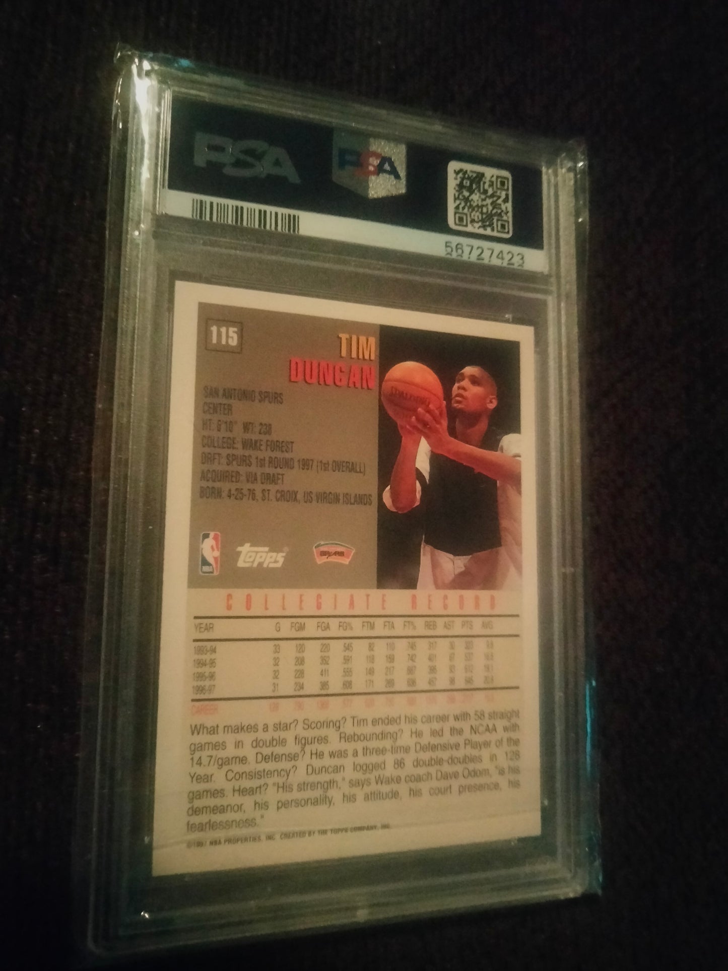 1997 Topps #115 Tim Duncan Spurs RC Rookie PSA 9 MINT