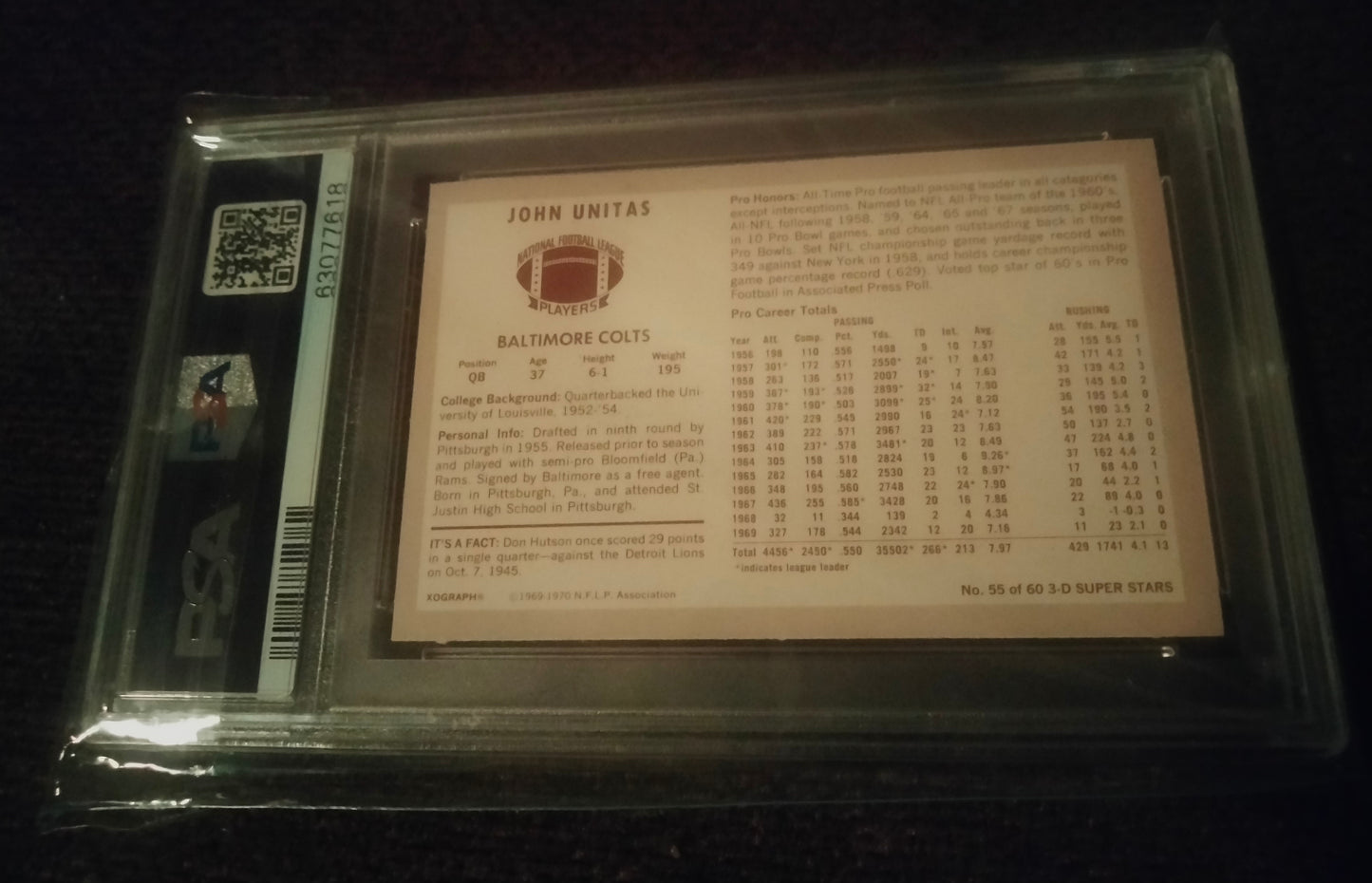 1970 Kelloggs's Football Card #55 Johnny Unitas PSA Graded NM-MT 8 Colts