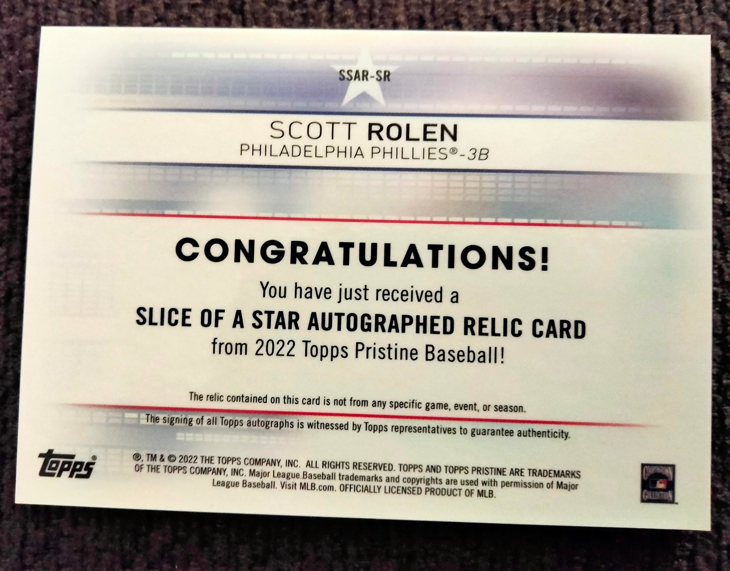 Scott Rolen 2022 Topps Pristine Slice Of A Star Auto Patch Philadelphia Phillies