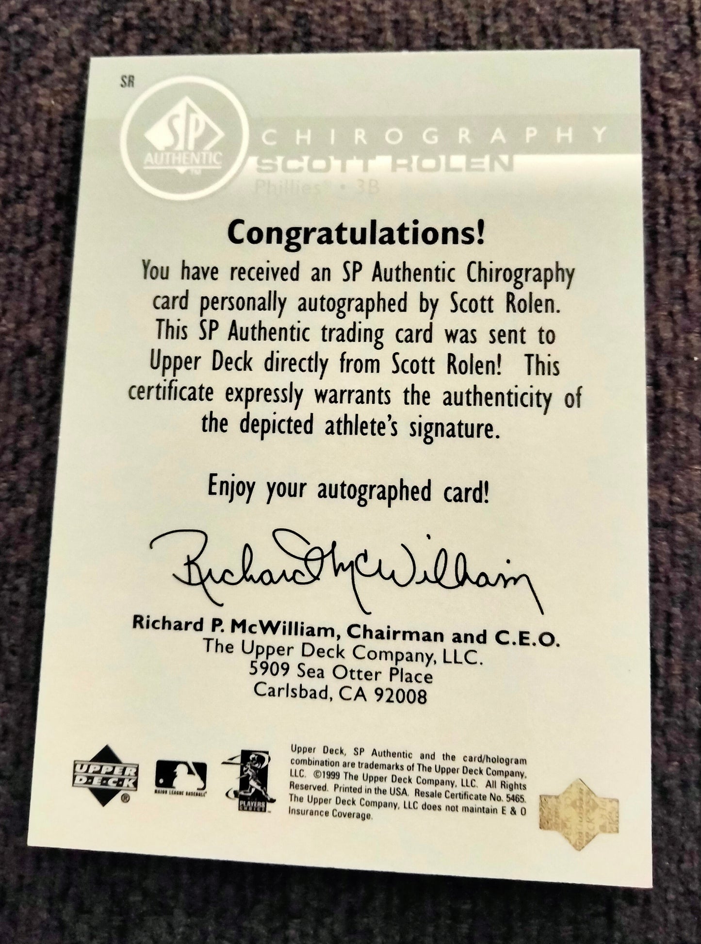 1999 UD SP Authentic Chirography Scott Rolen Auto Autograph HOF Philles Cardinals