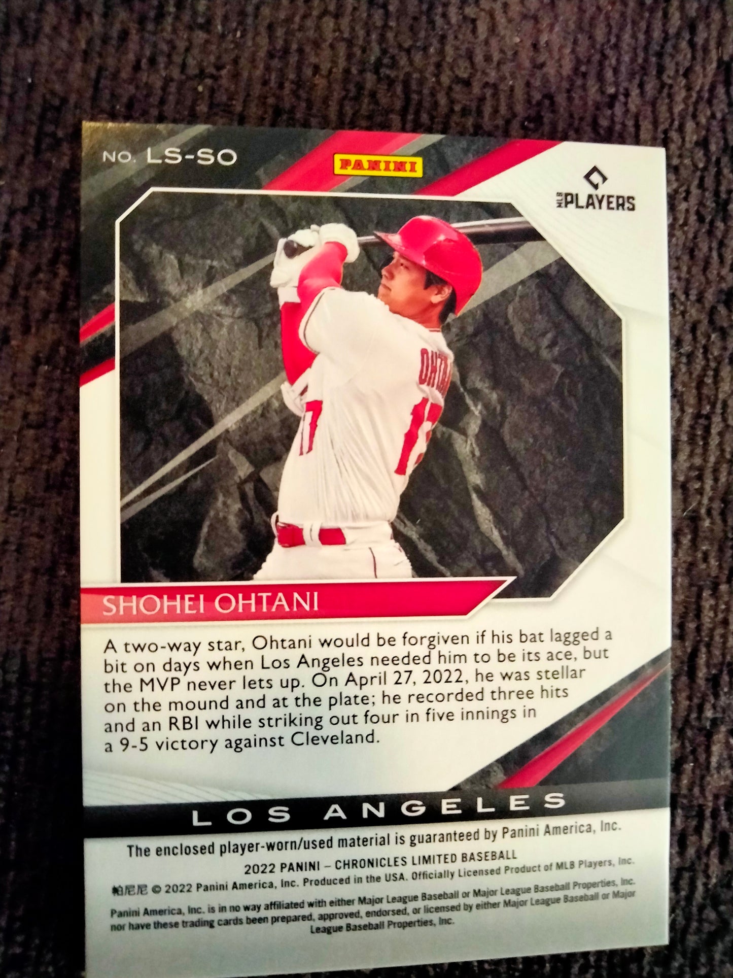 Shohei Ohtani 2022 Panini Chronicles Limited Swatches Player Worn/Used Patch Angels