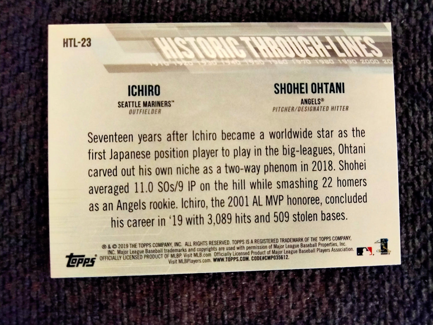 2019 Topps SHOHEI OHTANI ICHIRO #HTL-23 Historic Through Lines Angels Mariners