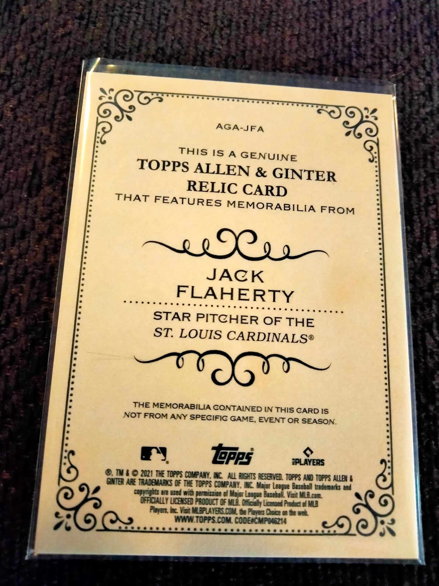 2021 Topps Allen & Ginter Memorabilia Relic Jersey Jack Flaherty Cardinals