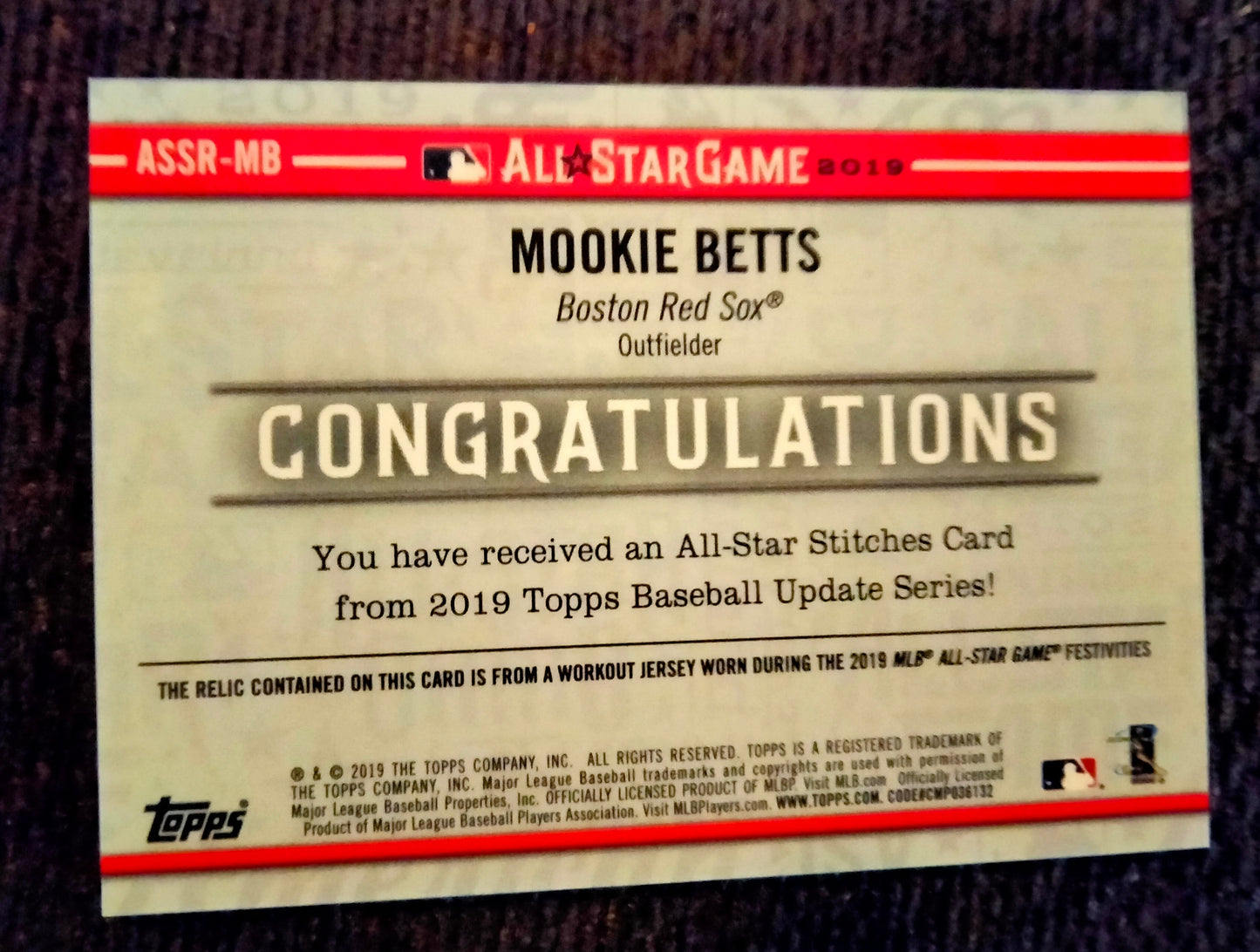 2019 Topps UPDATE Mookie Betts All Star Stitches Patch ASSR-MB Red Sox Dodgers