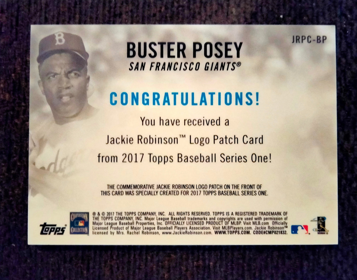 2017 Topps Buster Posey Jackie Robinson Logo Patch #JRPC-BP - Giants