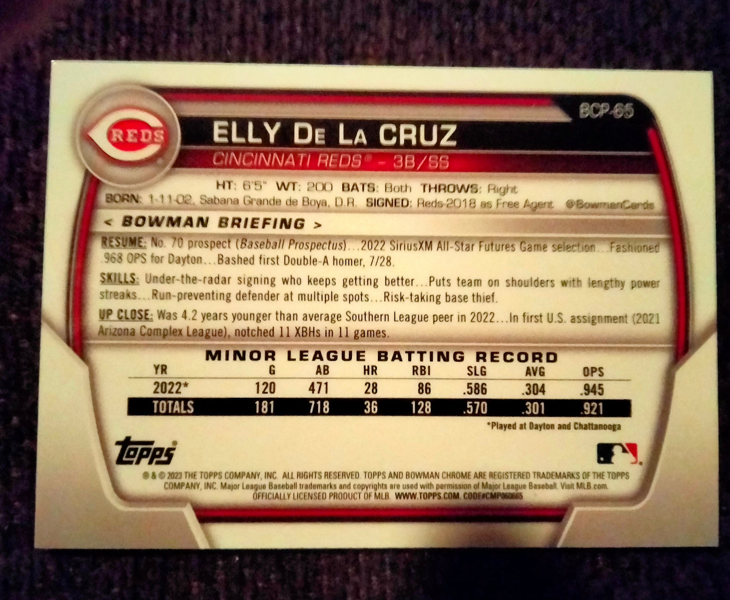 2023 Bowman Baseball ELLY DE LA CRUZ Chrome Prospect #BCP-65 Reds