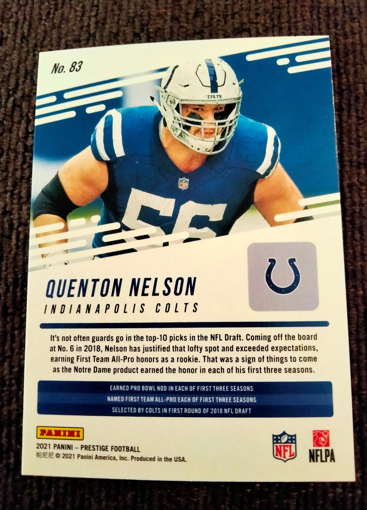 2021 Panini Prestige Sunburst Parallel #83 QUENTON NELSON Indianapolis Colts