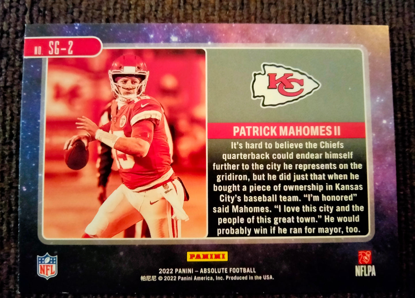 2022 Panini Absolute Football SG-2 PATRICK MAHOMES II Star Gazing Insert CHIEFS