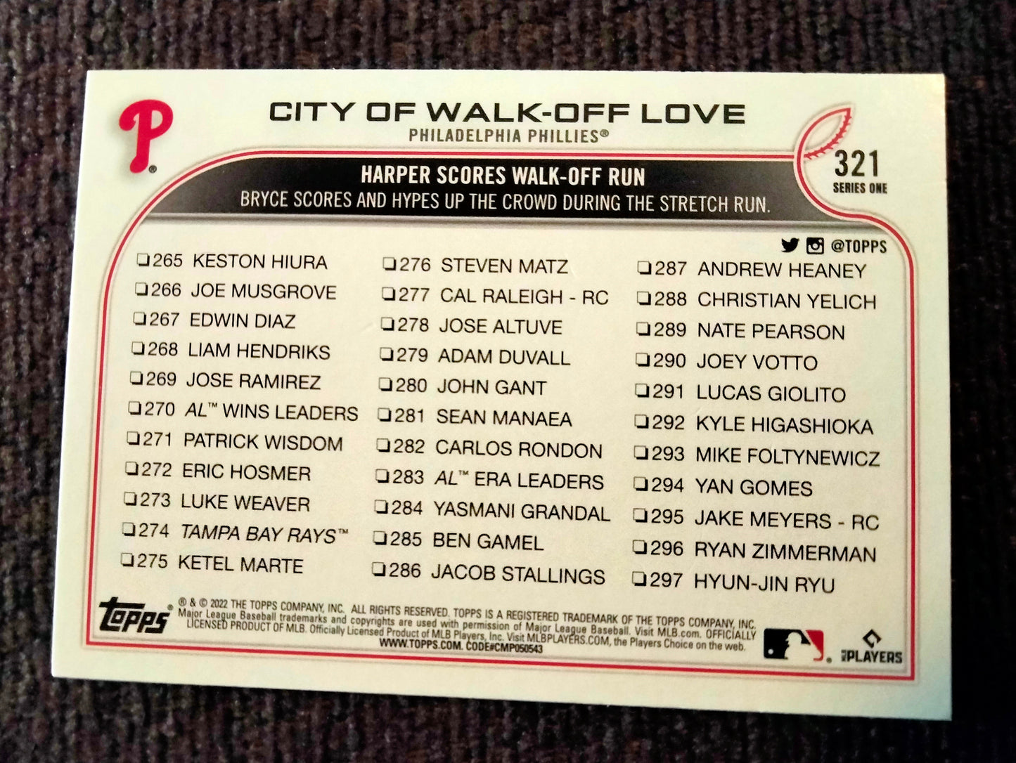 2022 Topps Series 1  BASE Parallel City of Walk-Off Love #321 PHILLIES