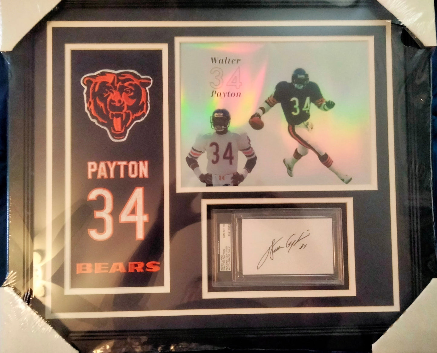 Walter Payton Custom Framed Autographed  Slabbed Cut Auto with Chrome photo & Bears mini tribute Banner