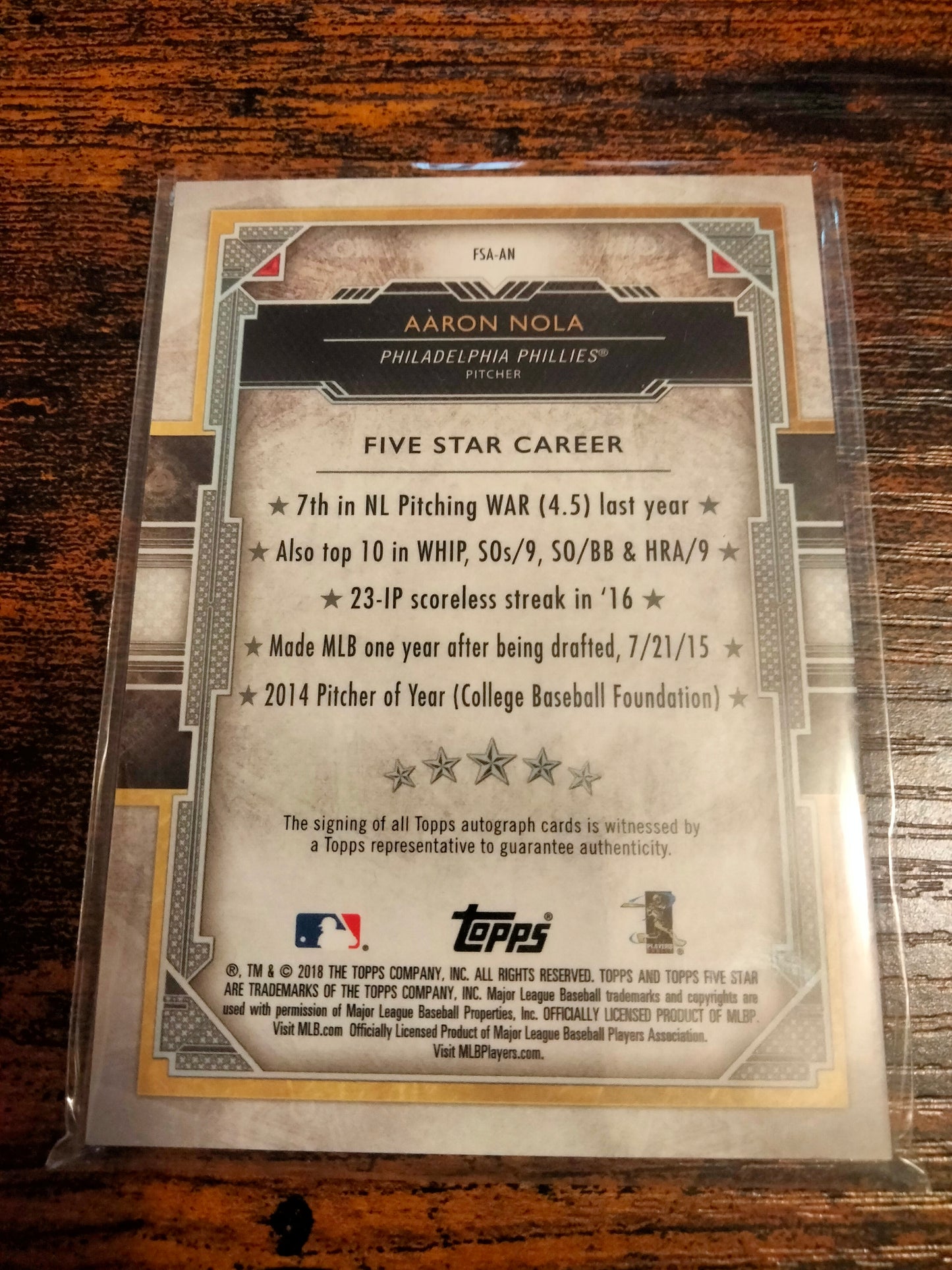 2018 Topps Five Star Aaron Nola Autographed Card #FSA-AN