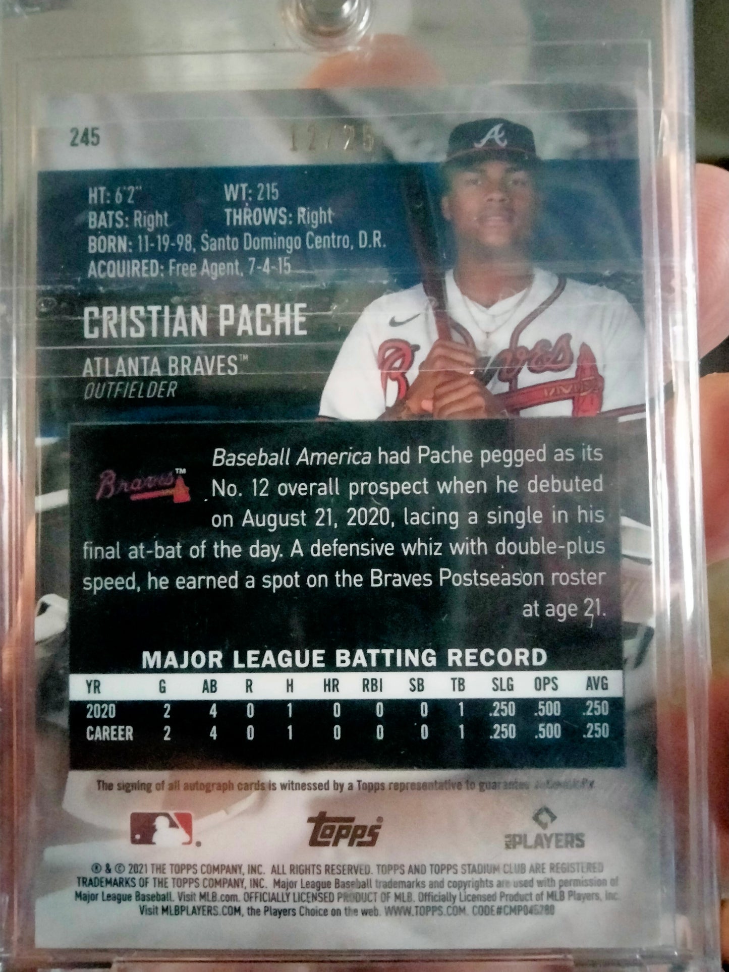 2021 Topps Stadium Chrome Cristian Pache Orange Auto Card #D 12/25 #245