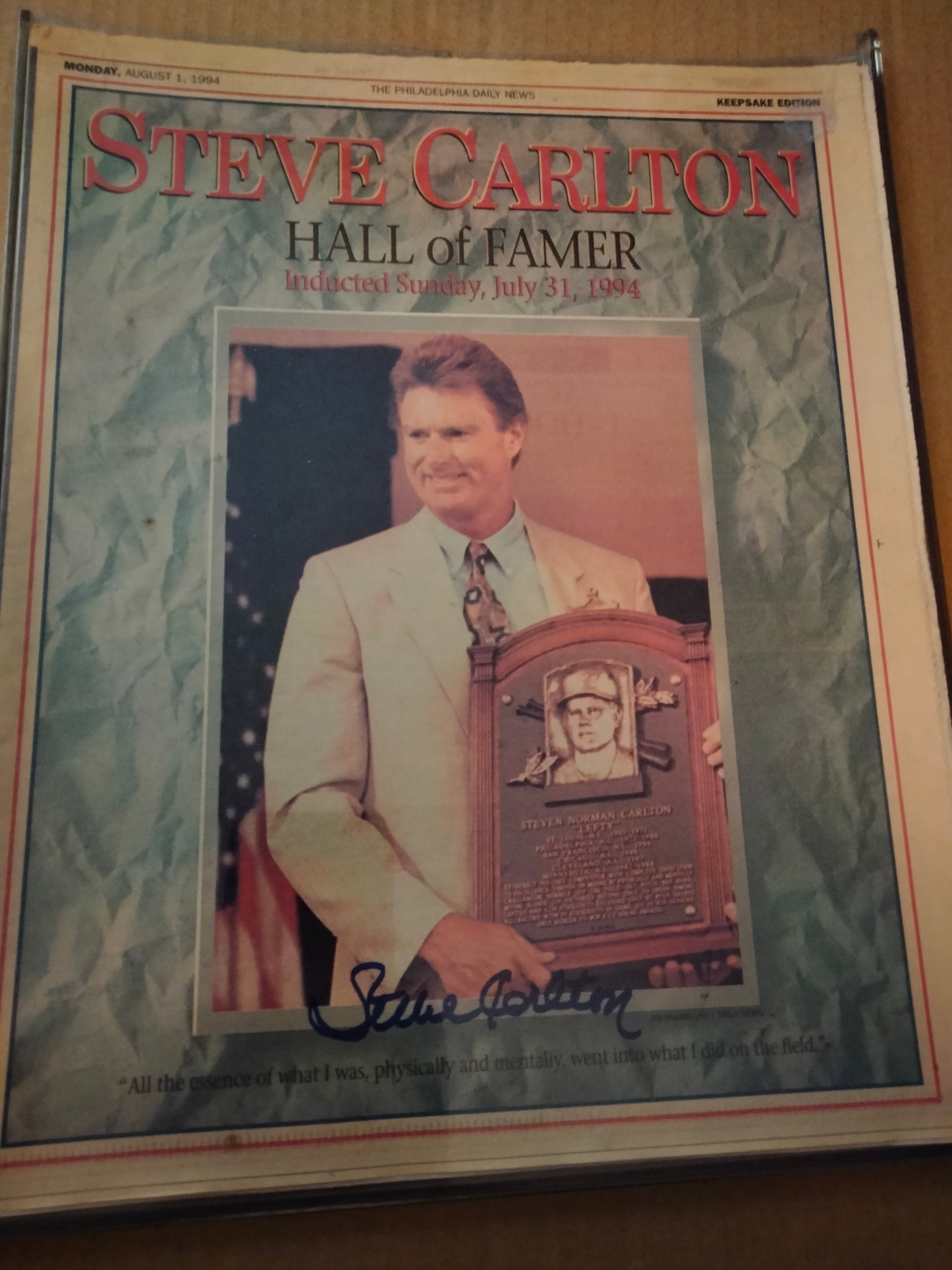 Steve Carlton Autographed Daily News - Newspaper August 1/ 1994 HOF Induction Special