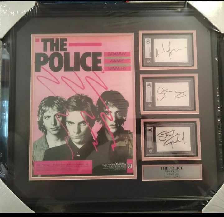 The Police Rock Band Custom Framed Photo / Concert Ticket W/ The 3 Band Members Sting / Andy Summers /  Stewart Copeland Slabbed Cut Autographs