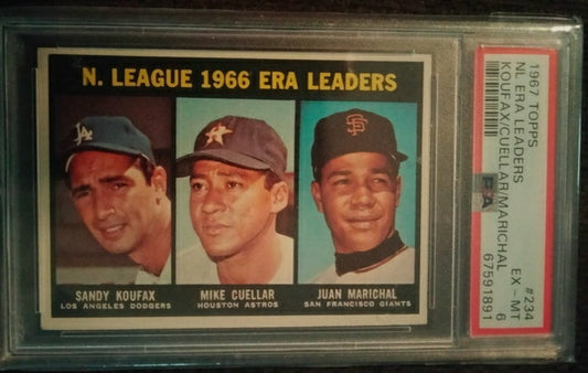 1967 Topps PSA EX-MT 6 NL ERA Leaders Sandy Koufax Mike Cuellar Juan Marichal 
Vintage - Dodgers Giants