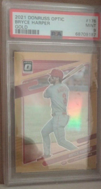 2021 Donruss Optic Bryce Harper Gold (POP 1)PSA Graded Mint 9. Card is #D  6/10. PHILLIES