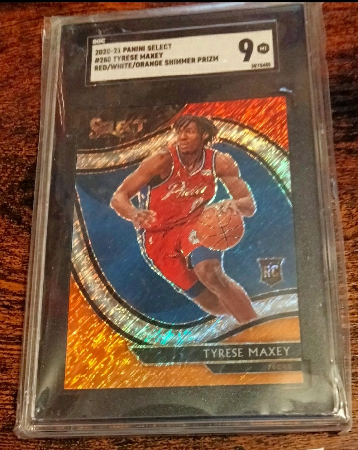 2020-21 Panini Select Tyrese Maxey Shimmer PRIZM Red/White/Orange SGC 9 Mint