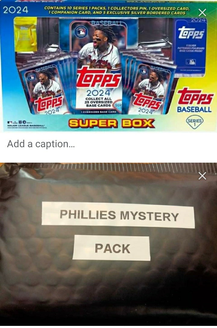 2024 Topps Baseball Super Box, One All Current Phillies Mystery Envelope & 1 Mystery Sealed Baseball pack