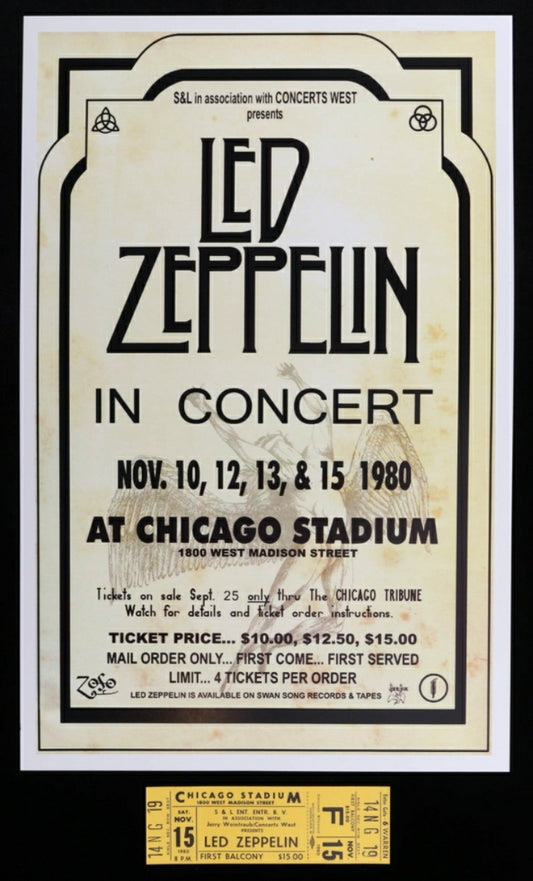 1980 Led Zeppelin at Chicago Stadium 11x17 Concert Poster with Ticket