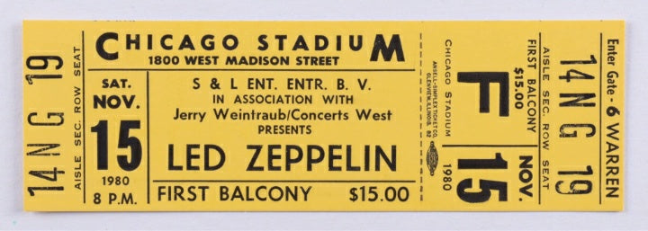 1980 Led Zeppelin at Chicago Stadium 11x17 Concert Poster with Ticket