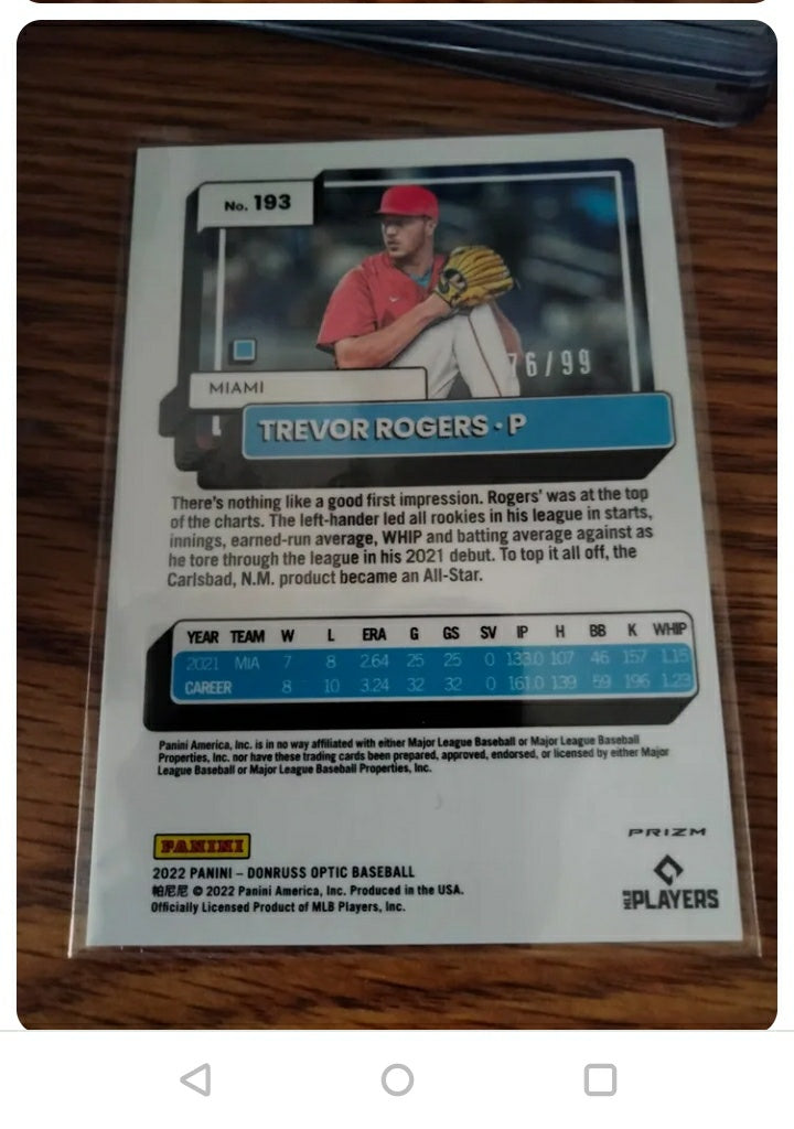 TREVOR ROGERS /99 2022 OPTIC CHOICE GREEN DRAGON PRIZM REFRACTOR MARLINS #193 