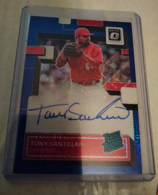 Tony Santillan 2022 Donruss Optic Rated Rookie Auto Blue Mojo Prizm #D 32/49 Reds