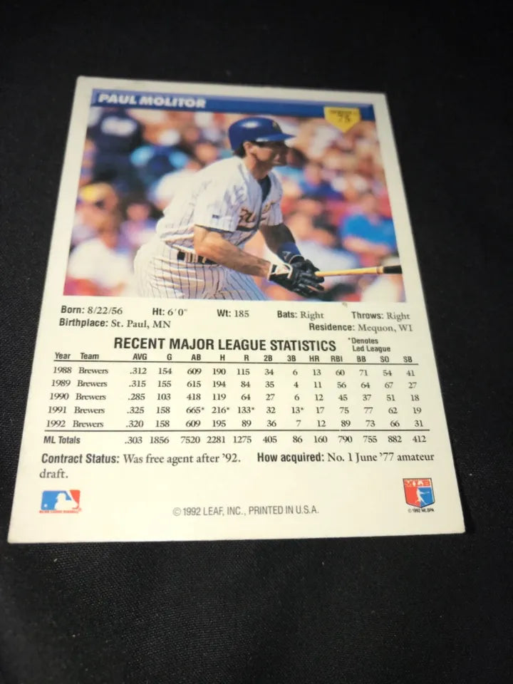 1993 Donrus Paul Molitor Autographed Card Milwaukee Brewers HOF In Person
