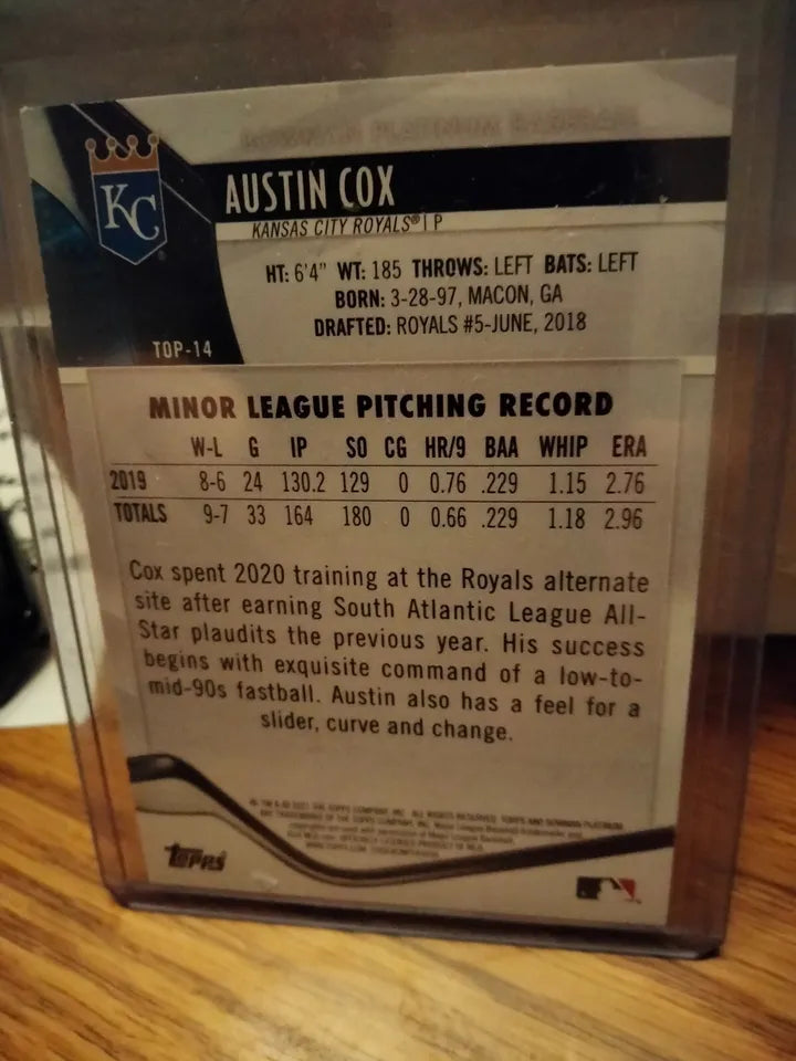 2021 Bowman Platinum Baseball Austin Cox Green #D 63/99 #TOP-14 Kansas City Royals