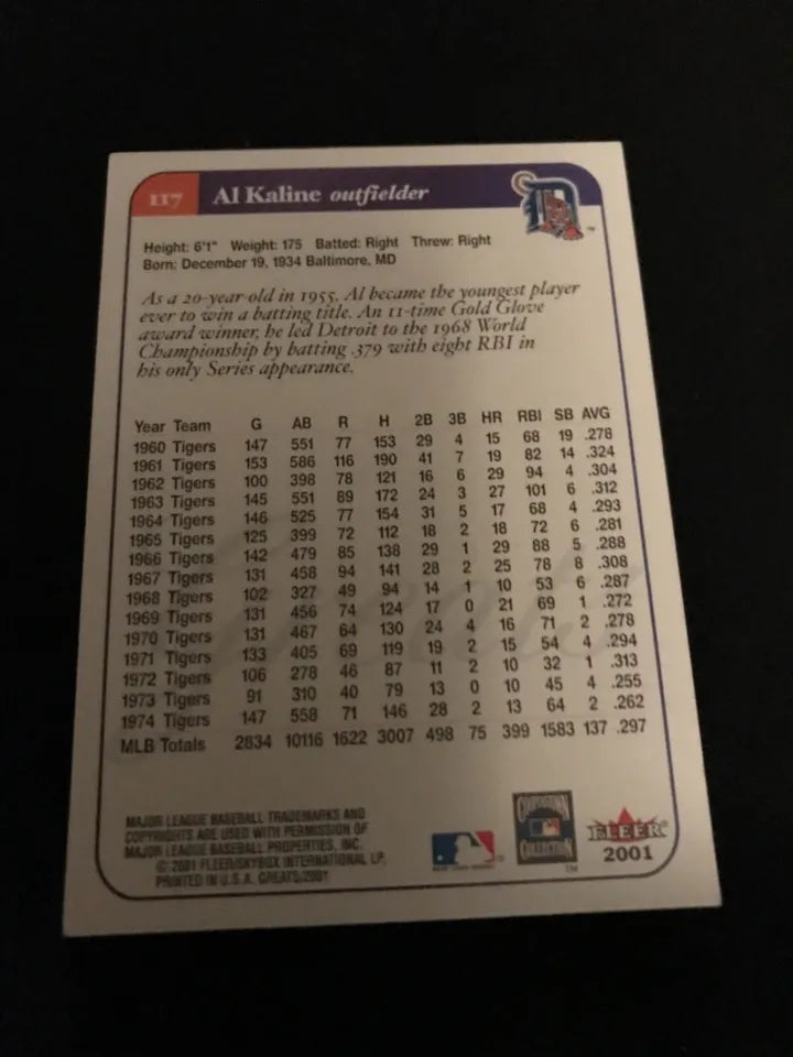 2001 Fleer Al Kaline Hand Signed Card In Person #117 Tigers